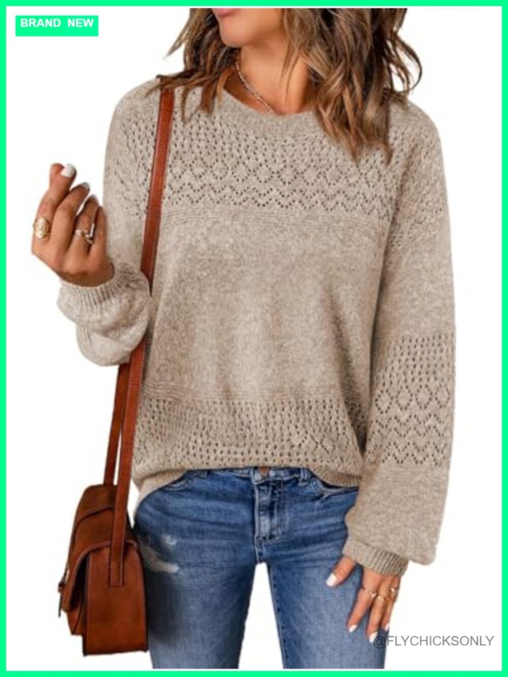 Crochet Lace Long Sleeve Boho Sweater Pullover Crew Neck Loose Fit